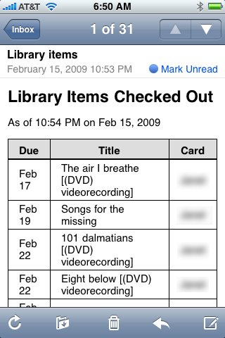 iPhone email of items checked out.