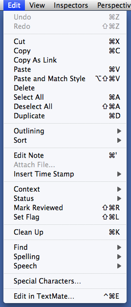 Default OmniFocus Edit menu