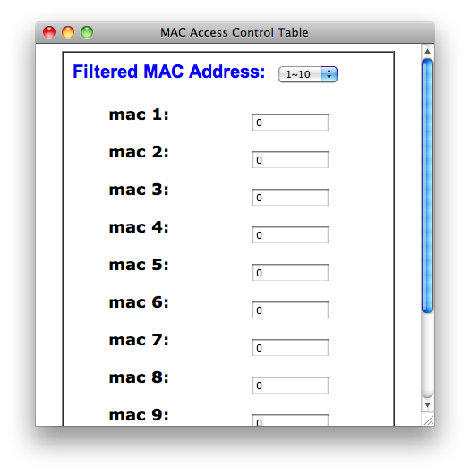 MAC filter form for Linksys router