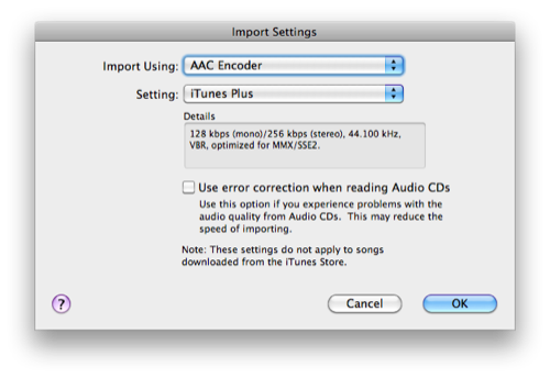 iTunes import setting