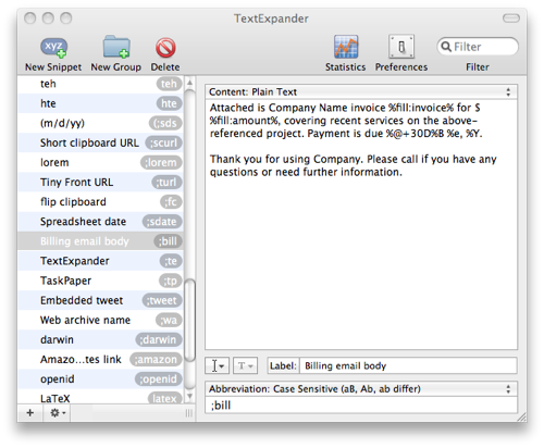 Billing TextExpander snippet